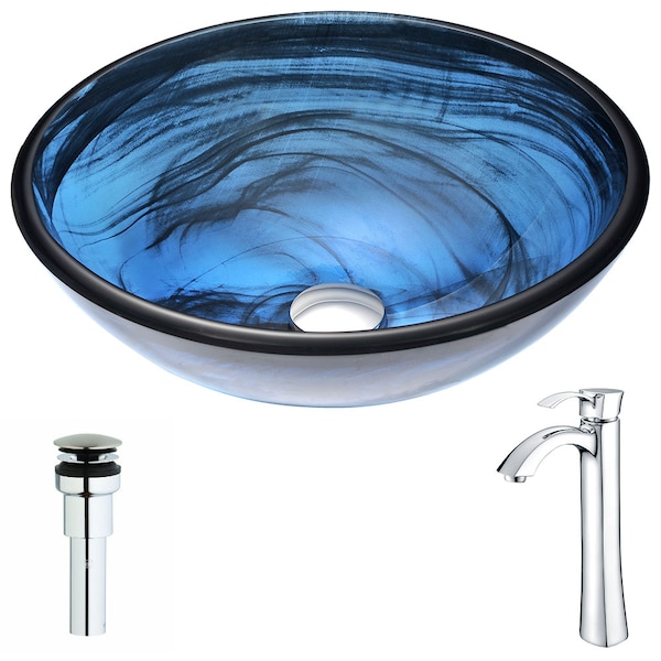 Anzzi Soave Sapphire WispDeco-Glass Vessel Sink with Harmony Faucet, Chrome LSAZ048-095